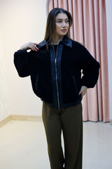 Siyah Fermuarlı Peluş Oversize Mont