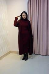 Bordo Triko Elbise Ve Uzun Hırka Takım
