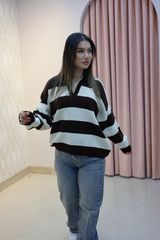 Polo Yaka Kahverengi Çizgili Oversize Triko Kazak