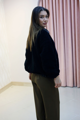 Siyah Fermuarlı Peluş Oversize Mont
