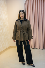 Kahverengi Kadife Yakalı Kuşaklı Mont