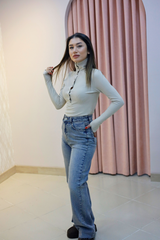 Krem Ottoman Düğmeli Fit Bluz