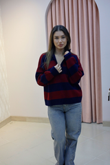 Polo Yaka Bordo Çizgili Oversize Triko Kazak