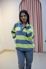 Polo Yaka Sarı Çizgili Oversize Triko Kazak