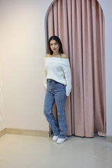 Desenli Taş İşlemeli Düz Paça Jean