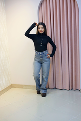 Siyah Ottoman Düğmeli Fit Bluz