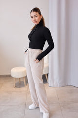 Bej Dökümlü Tensel Kumaş Pantolon