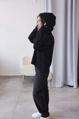 Siyah Kapüşonlu Oversize Sweatshirt