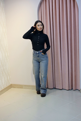 Siyah Ottoman Düğmeli Fit Bluz