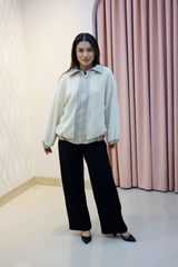 Krem Fermuarlı Peluş Oversize Mont