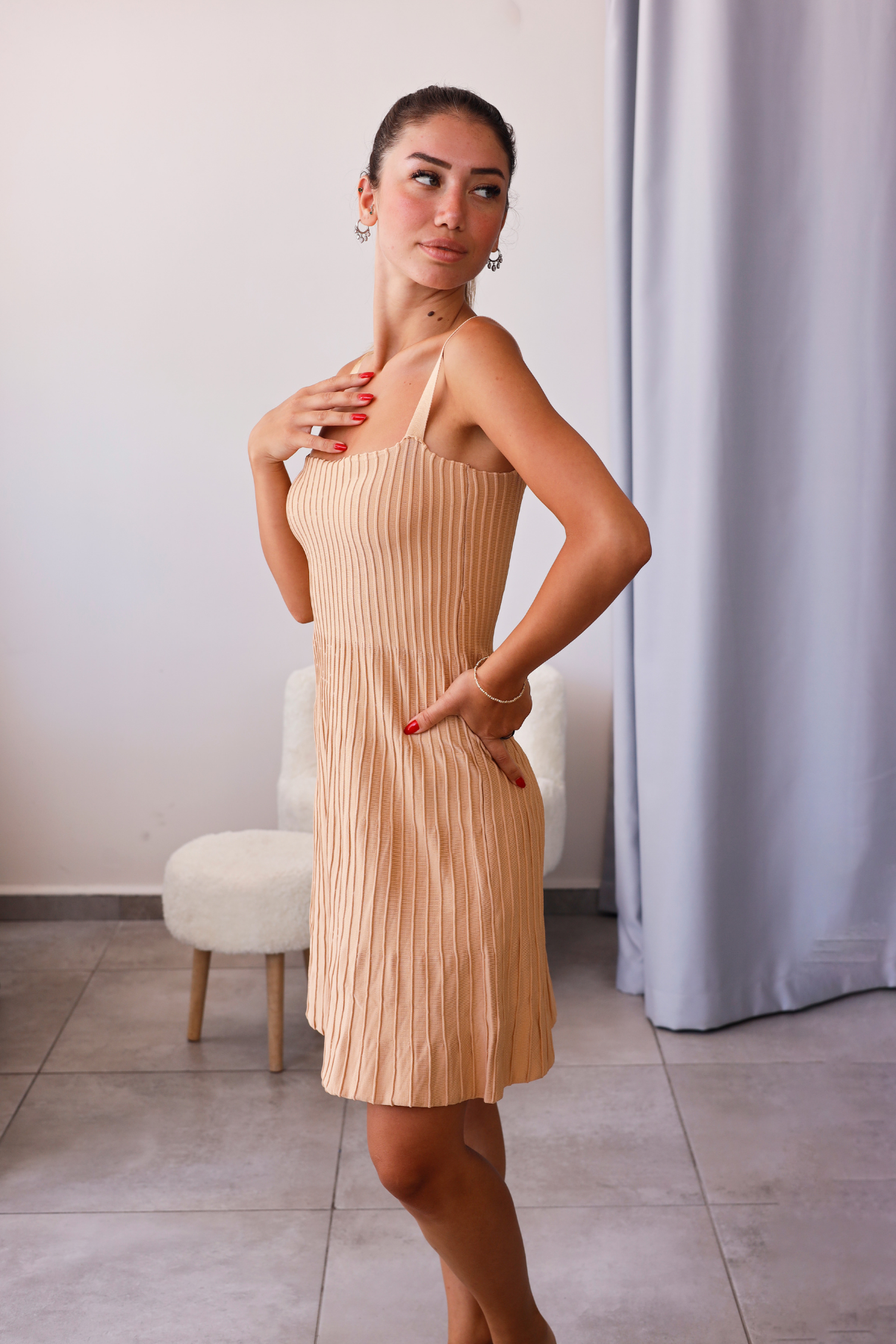Camel Fitilli Triko Elbise