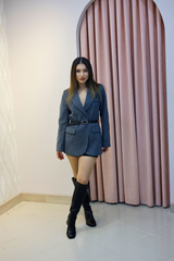 Gri Beyaz Çizgili Kemerli Blazer Ceket