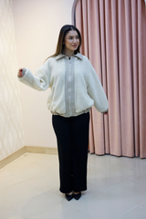 Krem Fermuarlı Peluş Oversize Mont