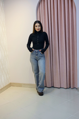 Siyah Ottoman Düğmeli Fit Bluz