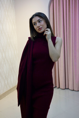 Bordo Triko Elbise Ve Uzun Hırka Takım