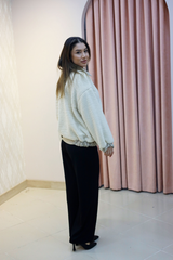 Krem Fermuarlı Peluş Oversize Mont