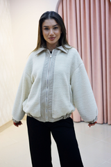 Krem Fermuarlı Peluş Oversize Mont