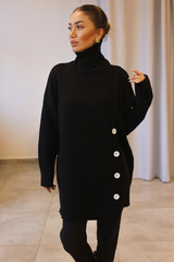 Siyah Boğazlı Yan Düğmeli Triko Tunik