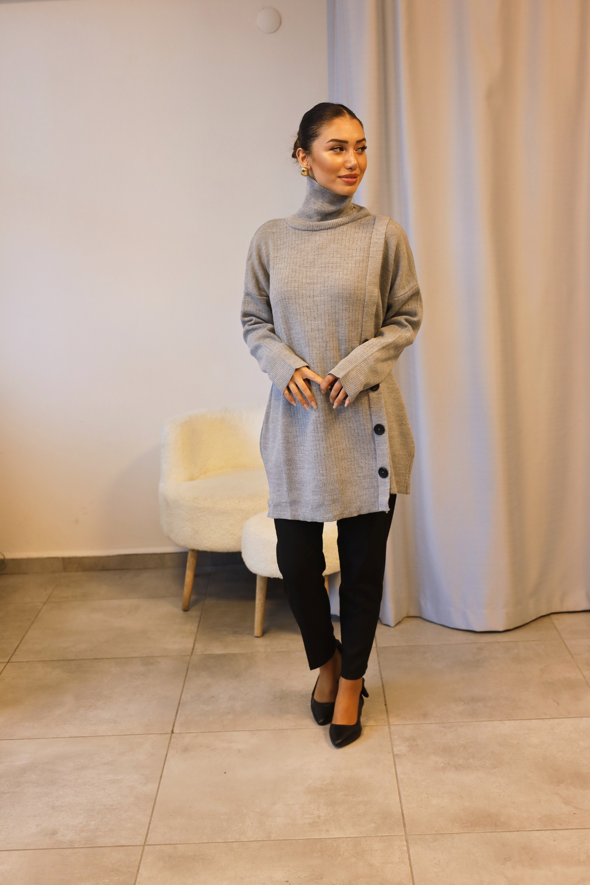 Gri Boğazlı Yan Düğmeli Triko Tunik