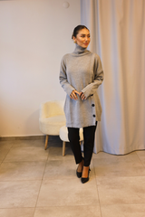 Gri Boğazlı Yan Düğmeli Triko Tunik