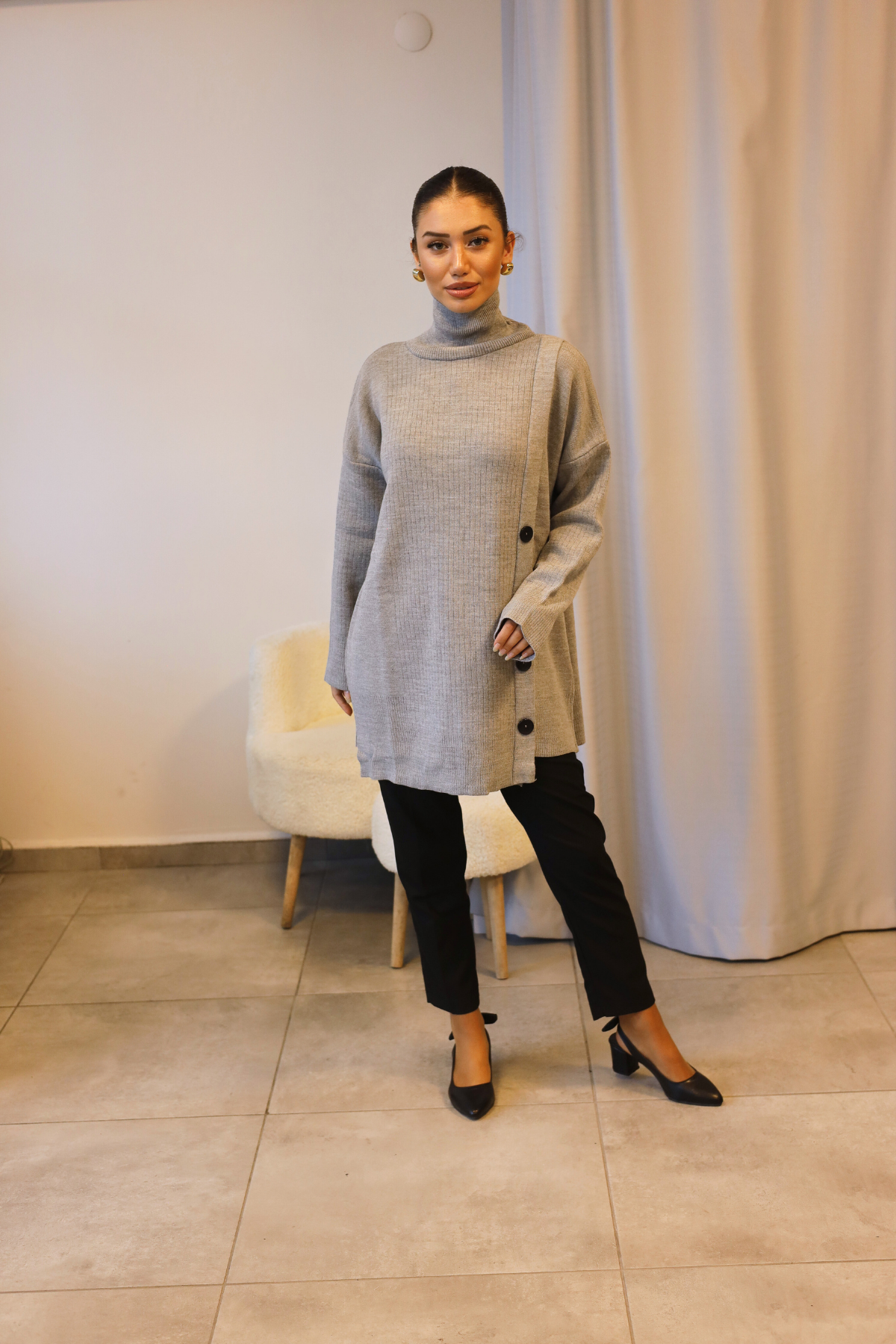 Gri Boğazlı Yan Düğmeli Triko Tunik