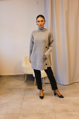 Gri Boğazlı Yan Düğmeli Triko Tunik