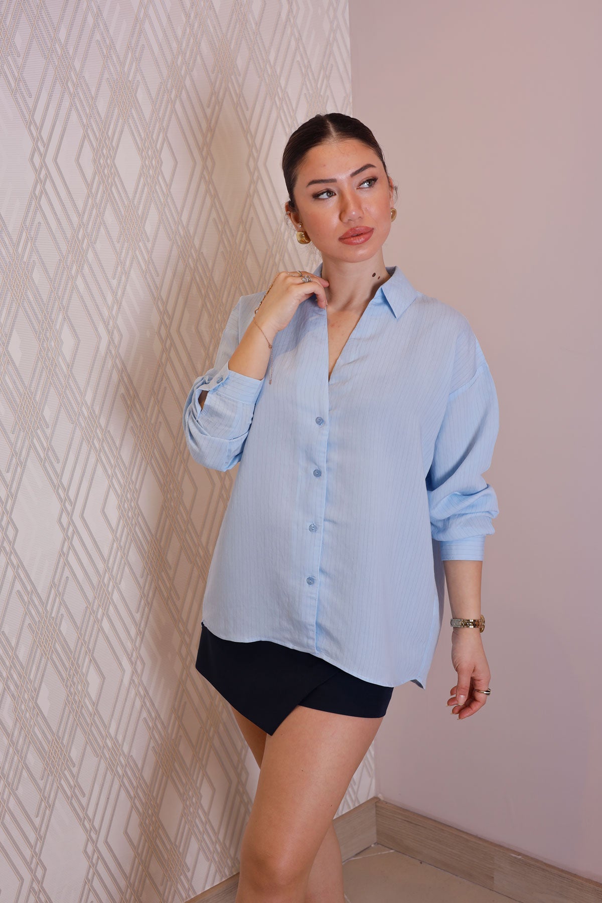 Mavi Çizgili Oversize Gömlek