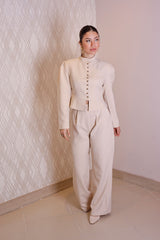 Ekru Düğme Detaylı Vintage Takım