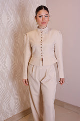 Ekru Düğme Detaylı Vintage Takım