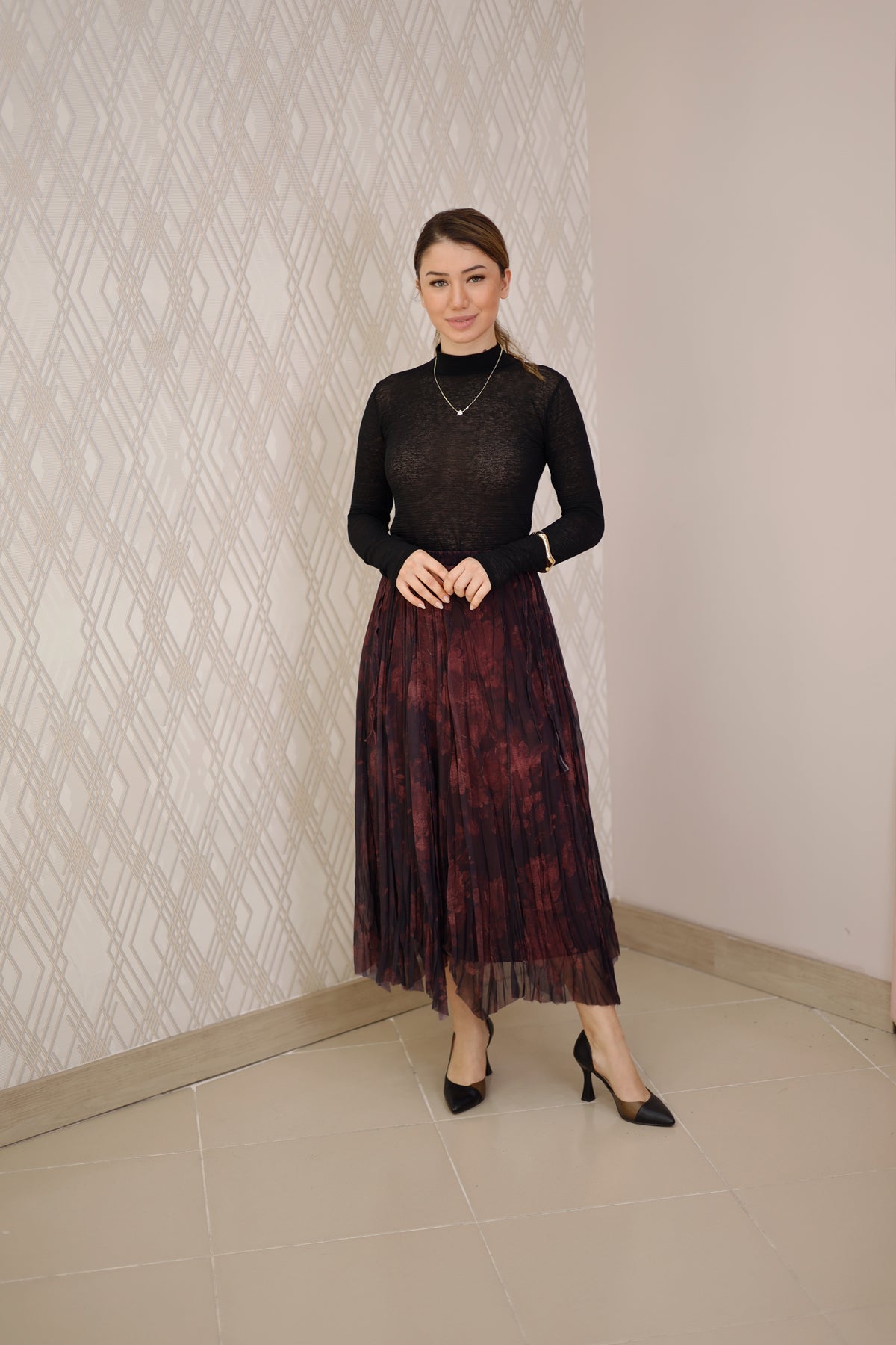 Mürdüm Desenli Piliseli Midi Etek