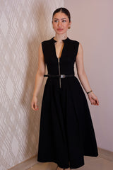 Siyah Fermuar Detaylı Midi Elbise