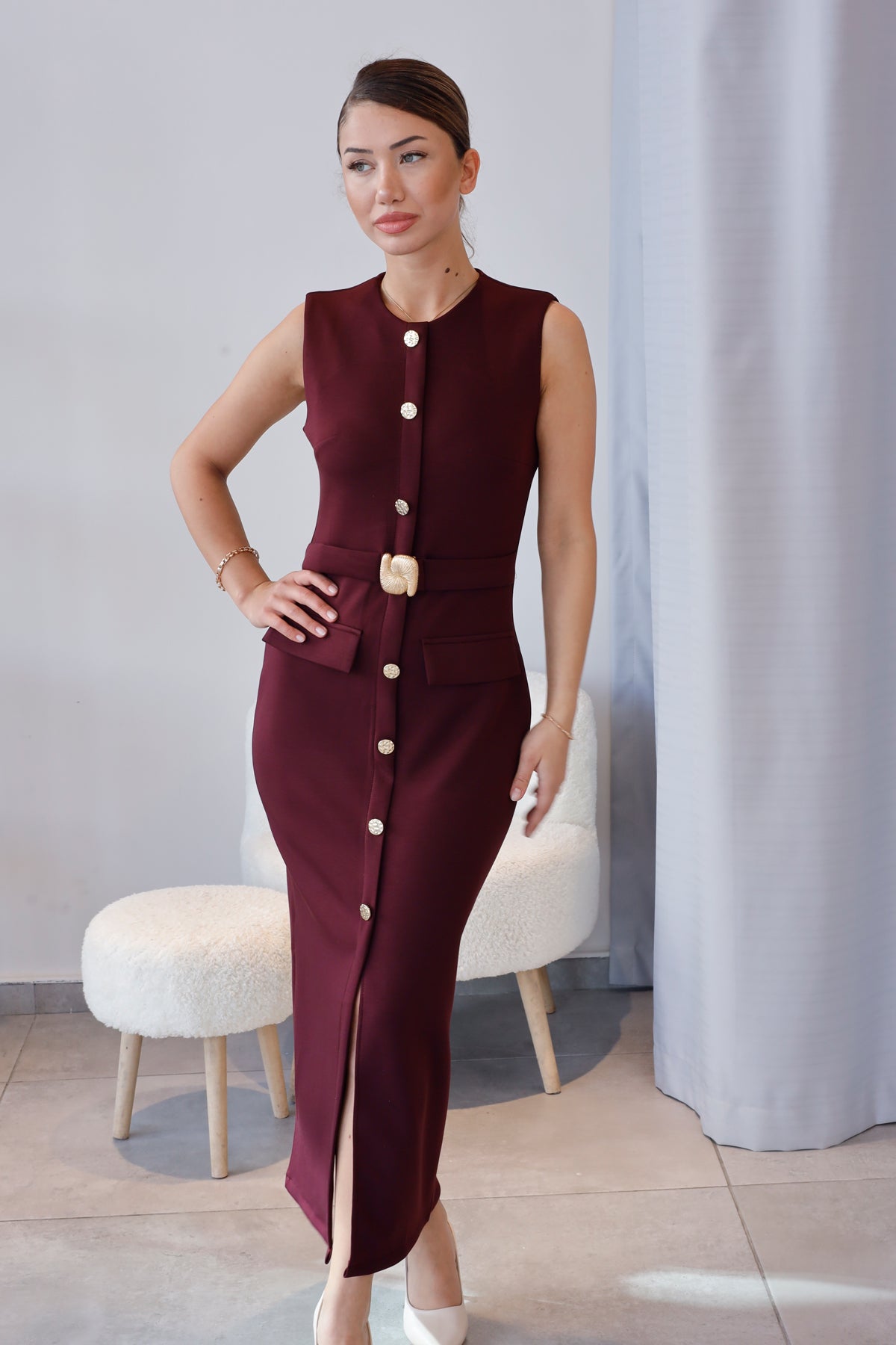 Bordo Gold Düğme Detaylı Kemerli Elbise