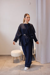 Lacivert Şal Detaylı Pantolon Bluz Takım