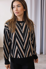 Siyah Zigzag Desen Şık Triko Kazak
