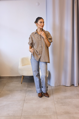 Kahverengi Camel Çizgili Oversize Gömlek