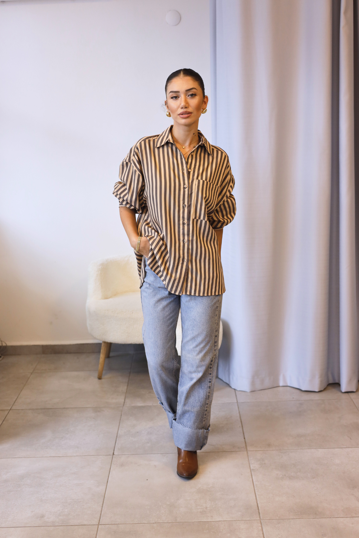 Kahverengi Camel Çizgili Oversize Gömlek