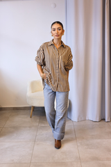 Kahverengi Camel Çizgili Oversize Gömlek