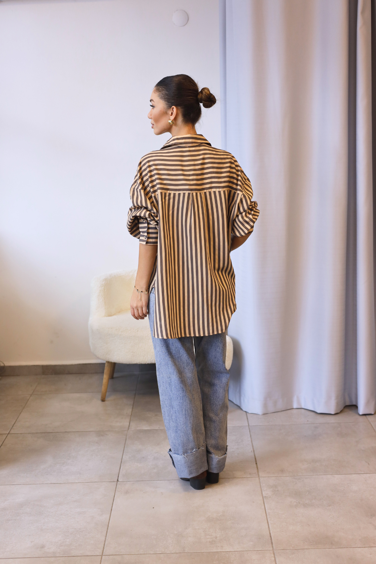 Kahverengi Camel Çizgili Oversize Gömlek
