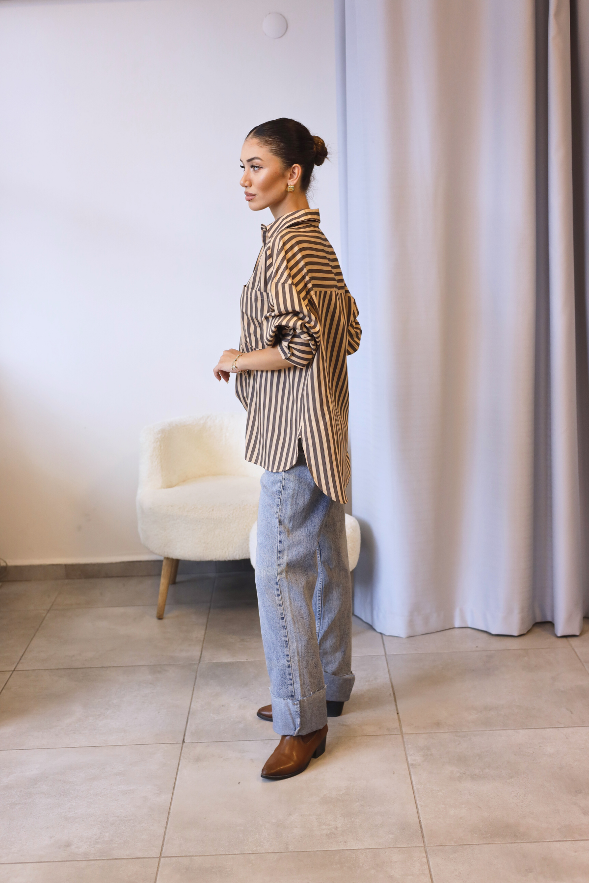 Kahverengi Camel Çizgili Oversize Gömlek