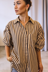 Kahverengi Camel Çizgili Oversize Gömlek