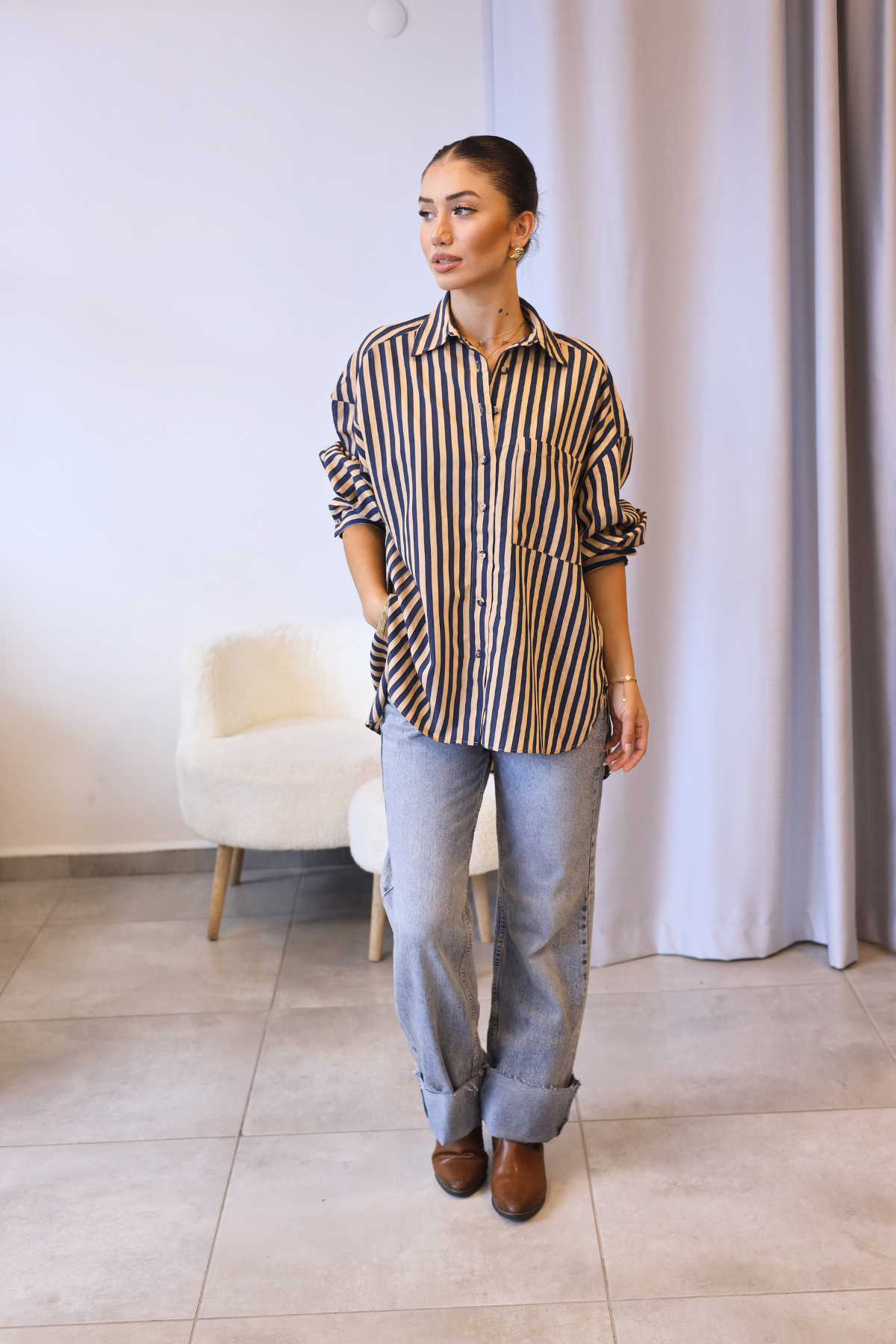 Lacivert Camel Çizgili Oversize Gömlek