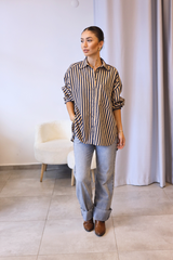 Lacivert Camel Çizgili Oversize Gömlek