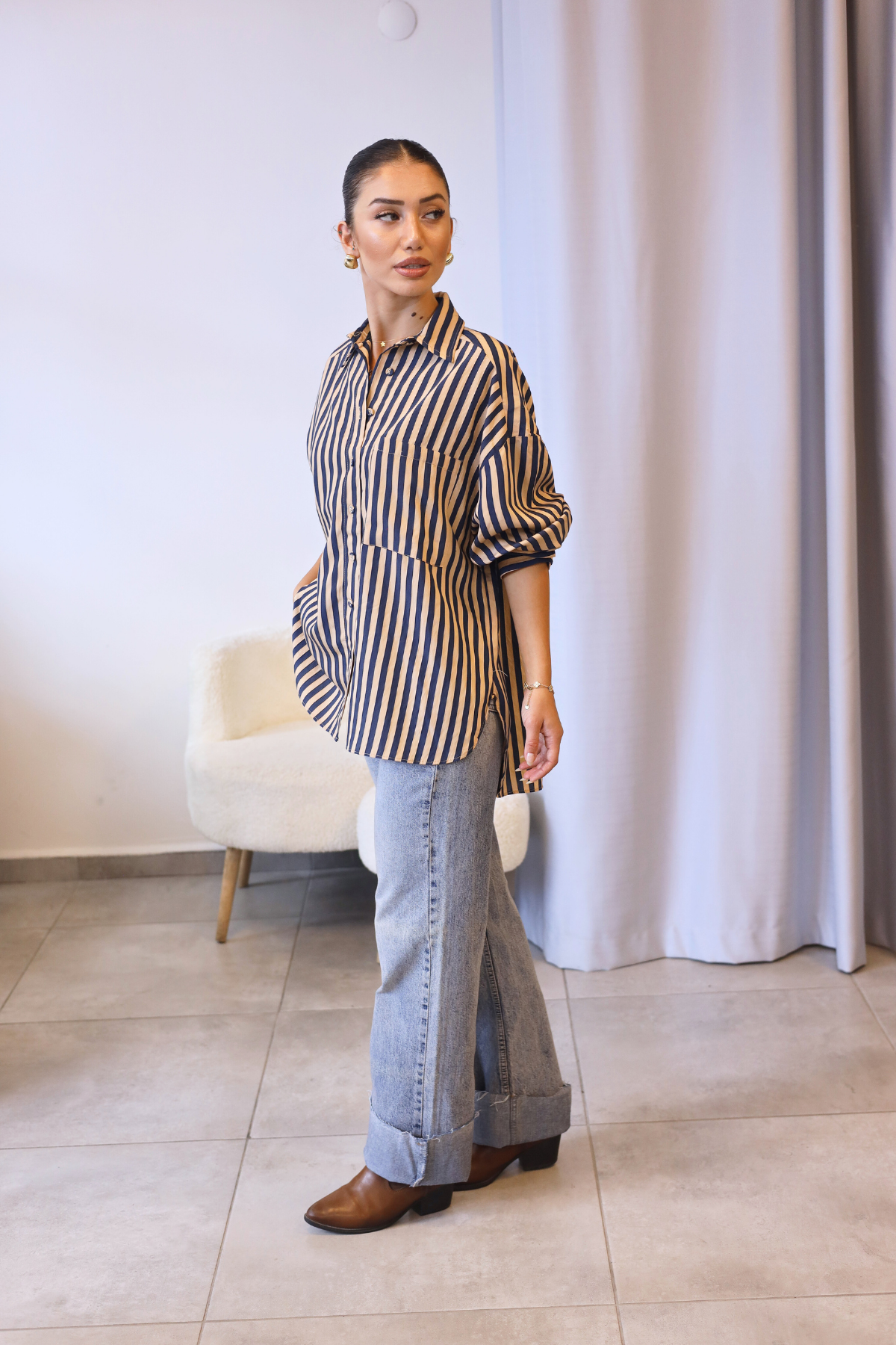 Lacivert Camel Çizgili Oversize Gömlek