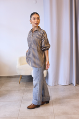 Lacivert Camel Çizgili Oversize Gömlek