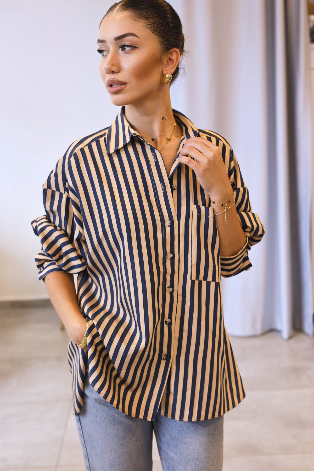 Lacivert Camel Çizgili Oversize Gömlek