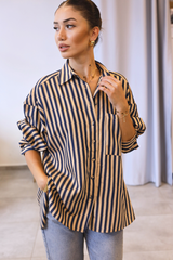 Lacivert Camel Çizgili Oversize Gömlek