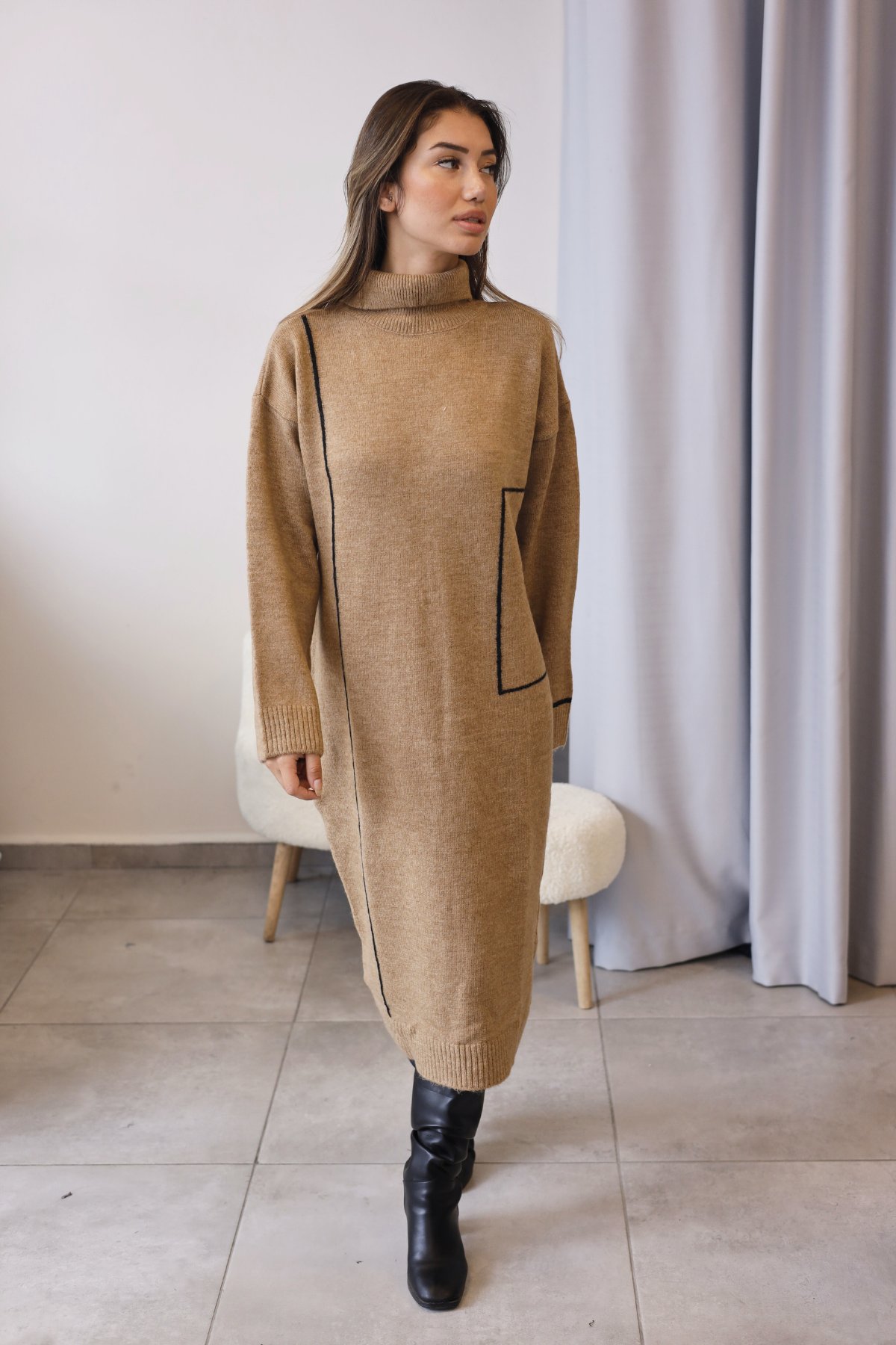 Karamel Siyah Şerit Detaylı Triko Tunik Elbise
