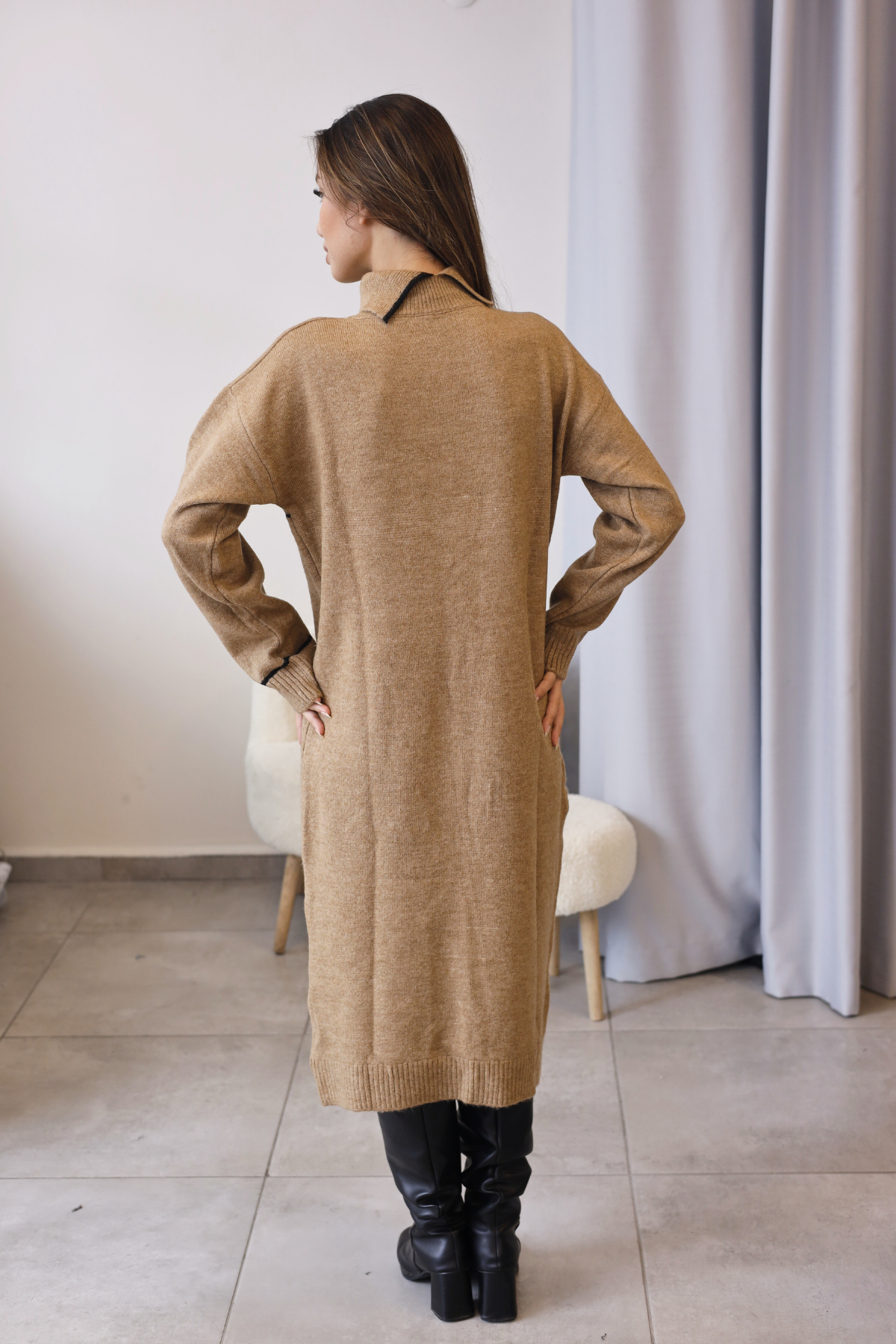 Karamel Siyah Şerit Detaylı Triko Tunik Elbise