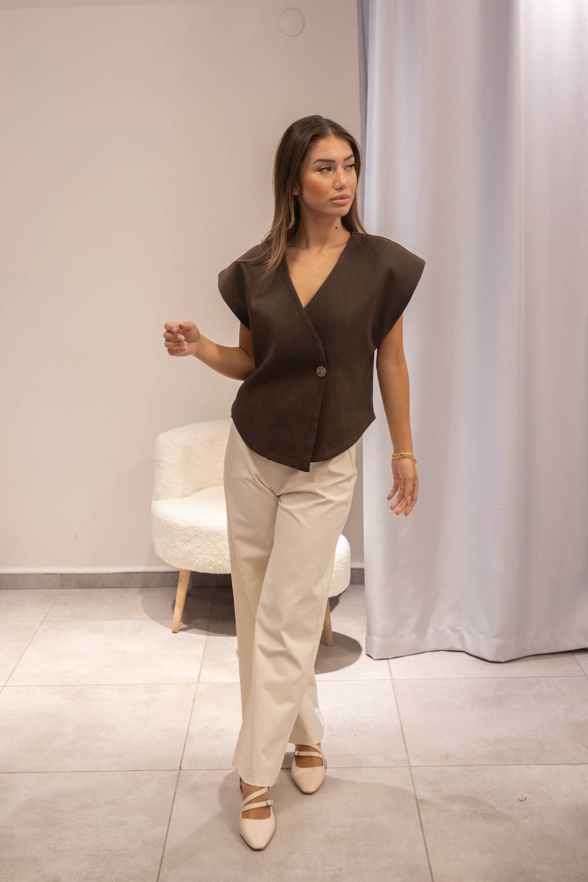 Kahve Tek Düğme Yelek