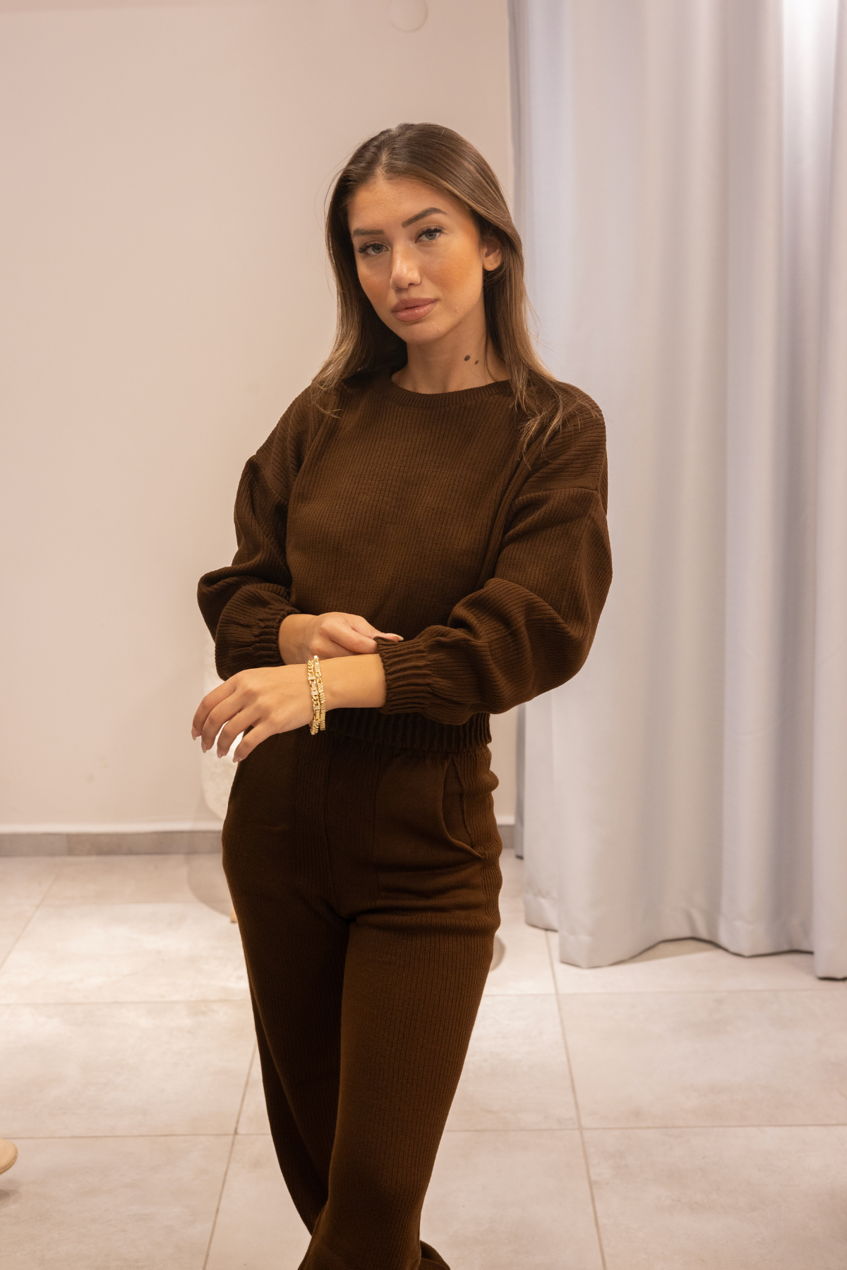 Kahverengi Ribanalı Triko Takım